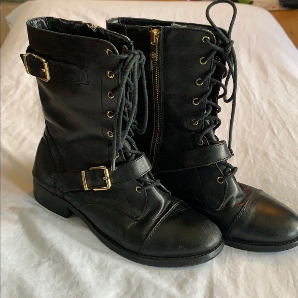 Black with Gold Buckle Arturo Chiang Combat Boots - Picture 1 of 8
